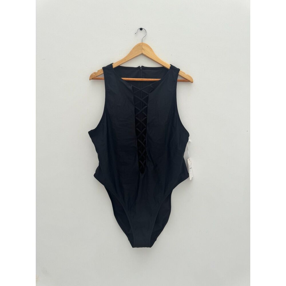 Good American Black Lattice Front One-Piece Swimsuit Plus Size 4X NWT